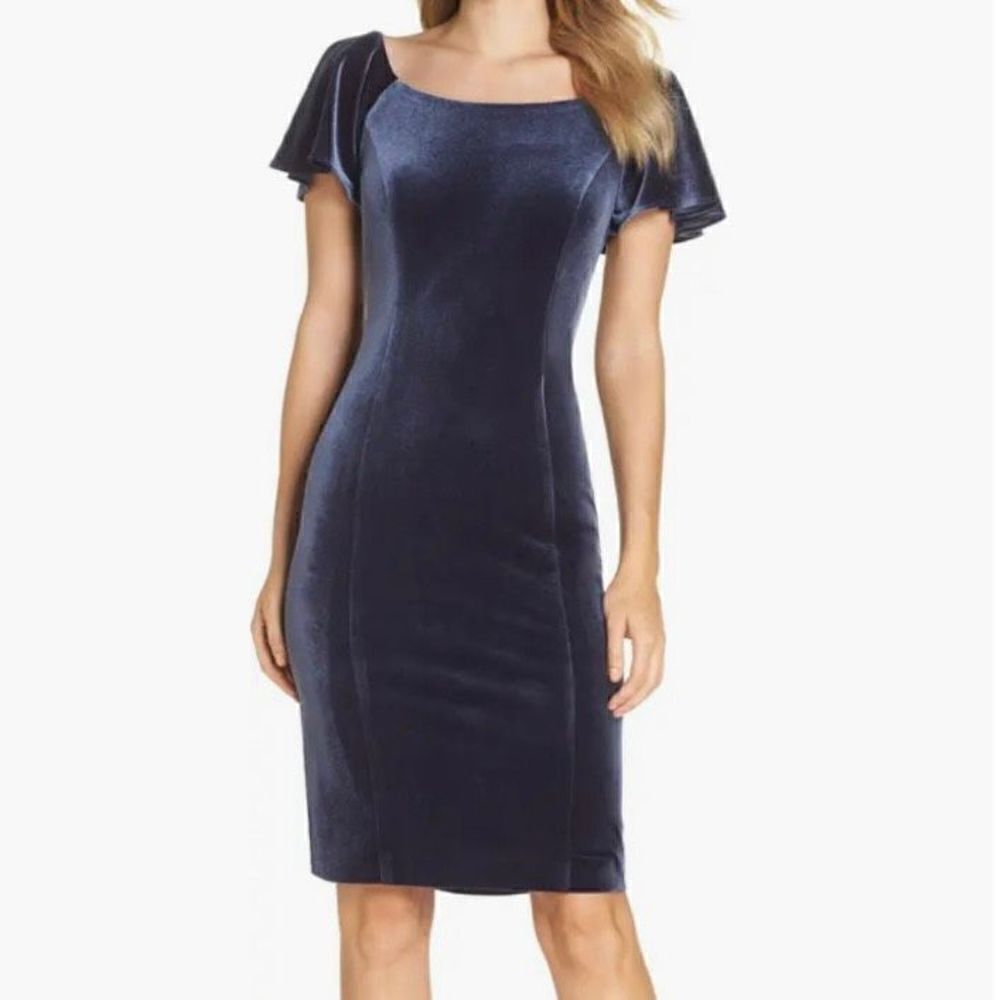 Eliza‎ J Scoop Neck Flutter Sleeve Velvet Sheath Dress Knee Length Women 14 Navy
